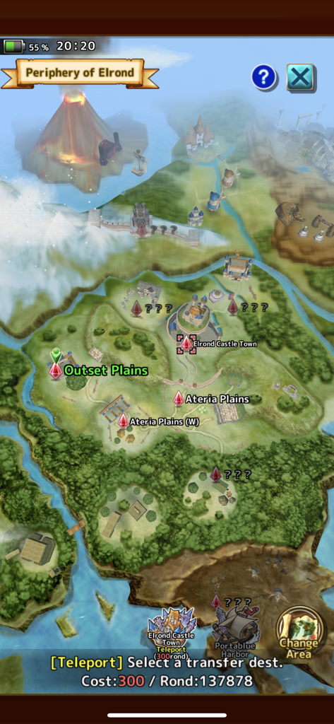 World map screen of RPG Elemental Knights R showing the Periphery of Elrond and various teleport locations