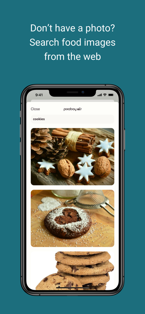 Potluck - Your Recipe Cookbook - A screenshot of the Potluck app showing a feature to search for and select food images from the web to add to recipes.