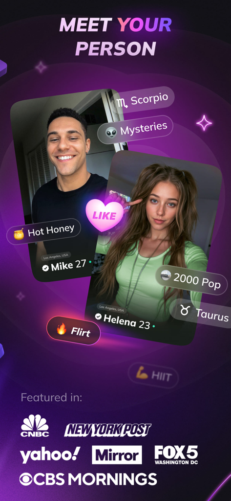 Flirtini - Match, Chat, Flirt - Capture d'écran de l'application de rencontres Flirtini montrant les profils d'utilisateurs avec les signes du zodiaque et les centres d'intérêt