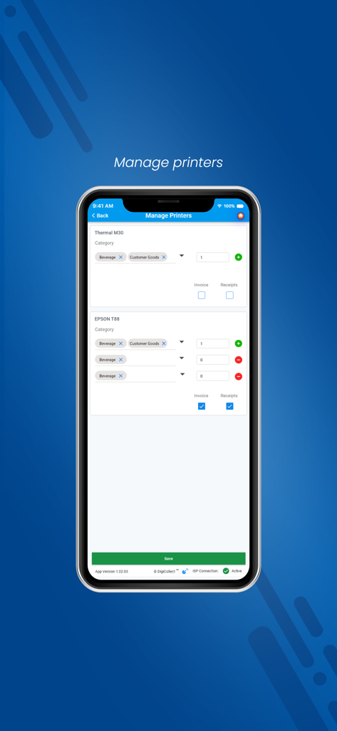 DigiPOS - DigiPOS Mobile App-Bildschirm mit Druckereinstellungen für Quittungs- und Rechnungsausdrucke.