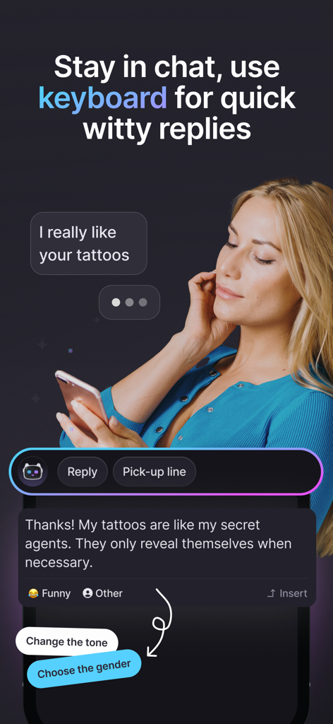 Rizz Mentor AI:Flirt Assistant - Interface of Rizz Mentor AI app showing a witty reply suggestion in a chat