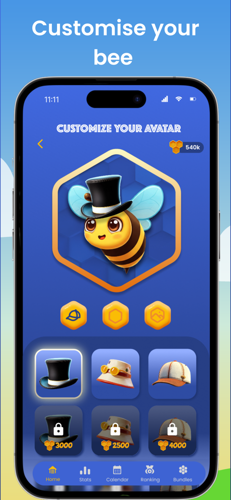 Beehive: Word Puzzle Challenge - Ein Bildschirm aus der Beehive App mit Optionen zur Anpassung eines Bienencharakters mit verschiedenen Hüten