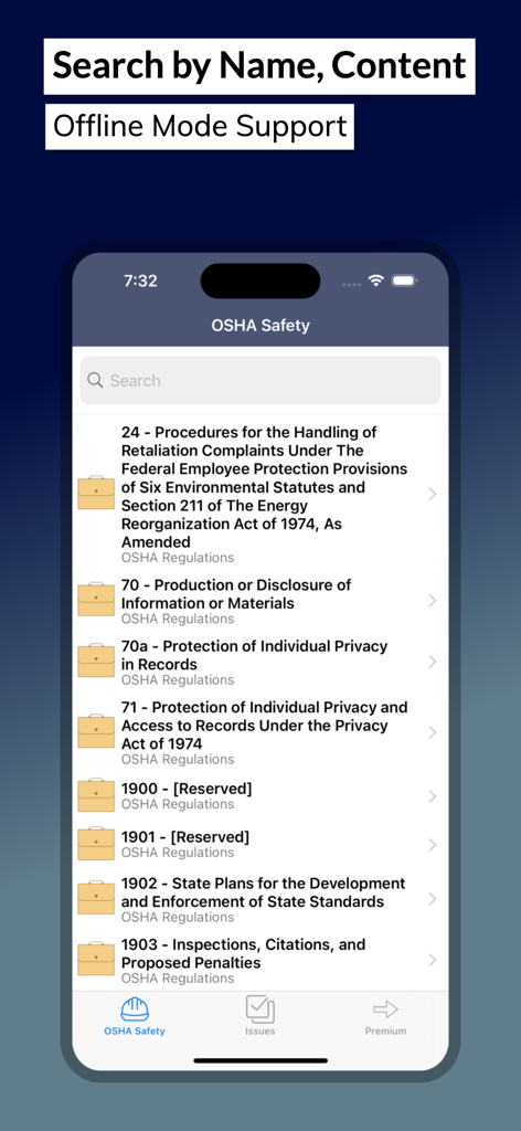 オフラインサポート付きのさまざまな職場安全基準を表示する、OSHA安全規制ガイドアプリの検索インターフェース。