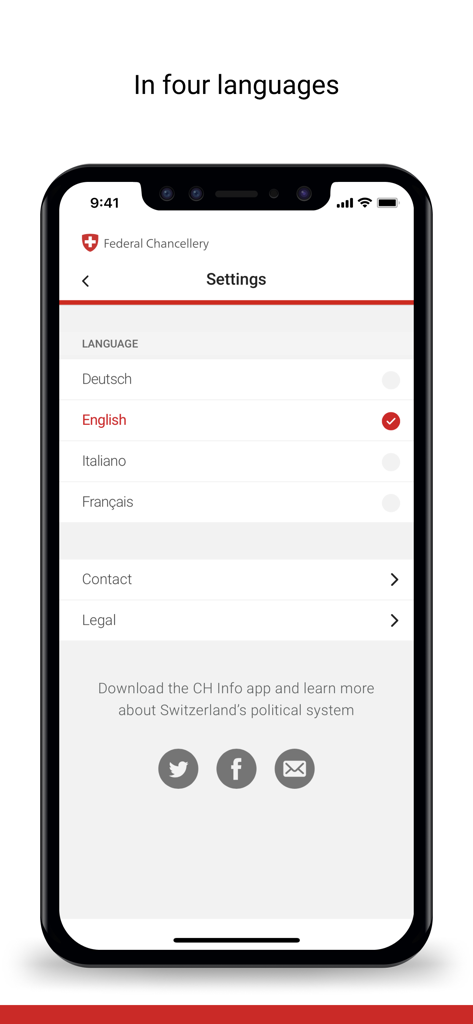 CH info - Écran de sélection de la langue dans l'application CH info proposant des options pour l'anglais, l'allemand, l'italien et le français.