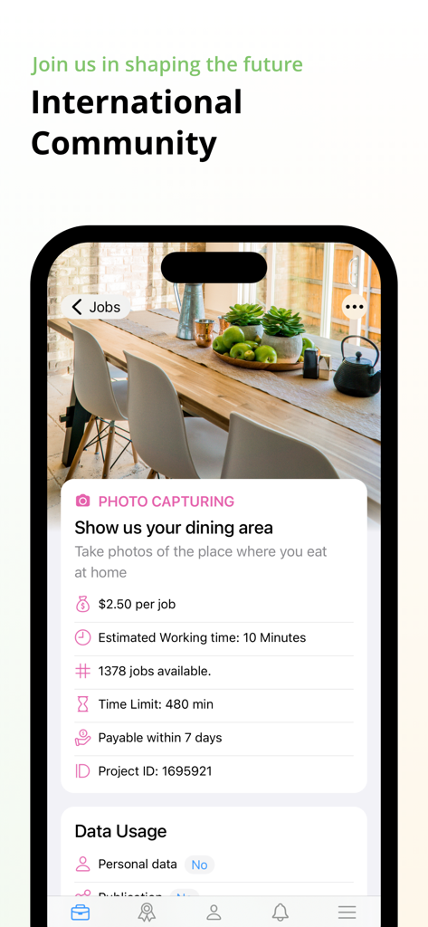Clickworker app displaying a photo capturing task for a dining area with payment and time details