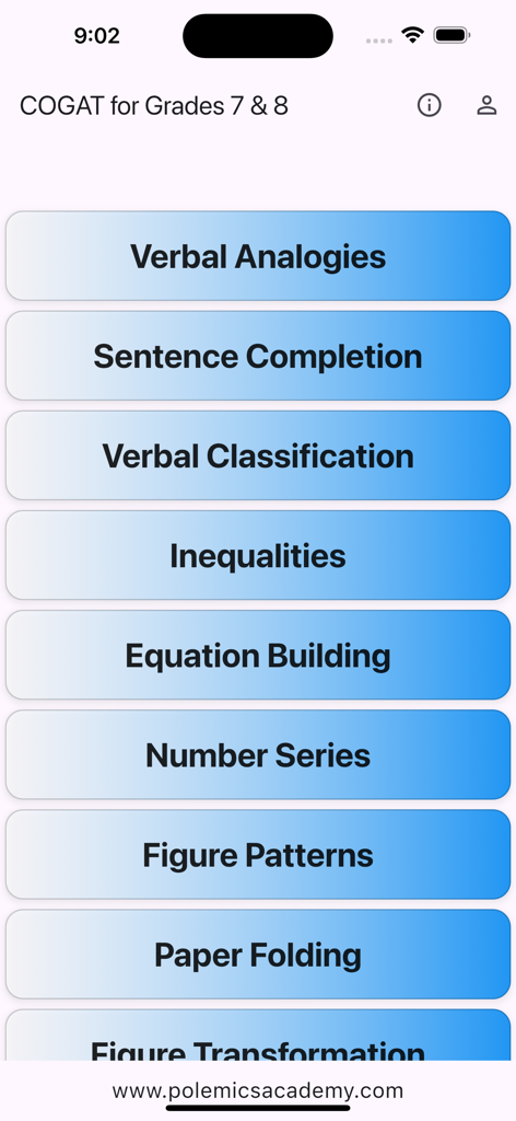 COGAT for Grade 7 & 8 - Main menu of the COGAT practice app for grades 7 and 8 showing test categories like Verbal Analogies and Paper Folding.