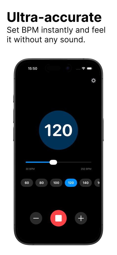 Pulse: Metronome Haptic+Quiet - Smartphone-Bildschirm mit der Pulse Metronom App-Oberfläche, die ein eingestelltes Tempo von 120 BPM und stille haptische Feedback-Steuerelemente anzeigt.