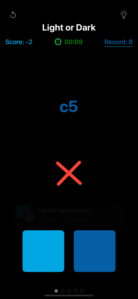 Chess Notation Lab Pro - Screenshot of Chess Notation Lab Pro showing a light or dark square color training exercise for coordinate c5