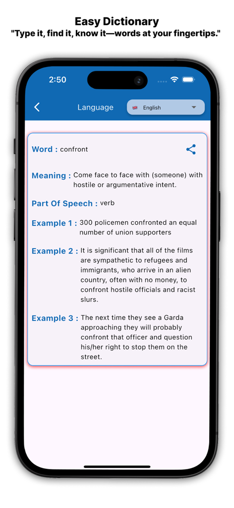 Mobile app interface showing the definition and multiple example sentences for the word confront