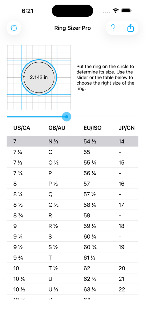 Ring Sizer Pro - Ring Sizer Pro app interface showing a visual ring measurement tool and an international size conversion chart.
