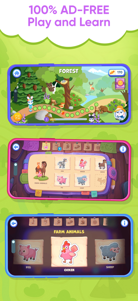 Preschool Games 2 4 Year Old - Capturas de pantalla de la aplicación Binky Academy que muestran juegos educativos sin anuncios y actividades de animales de granja para niños pequeños.