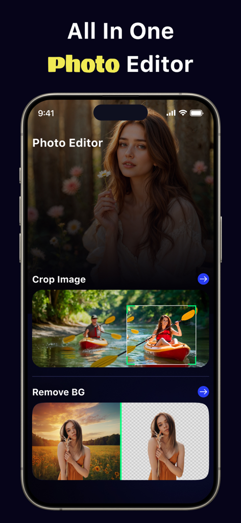 Aplicación móvil TubeMate mostrando herramientas de edición de fotos, como recortar imagen y eliminar fondo.