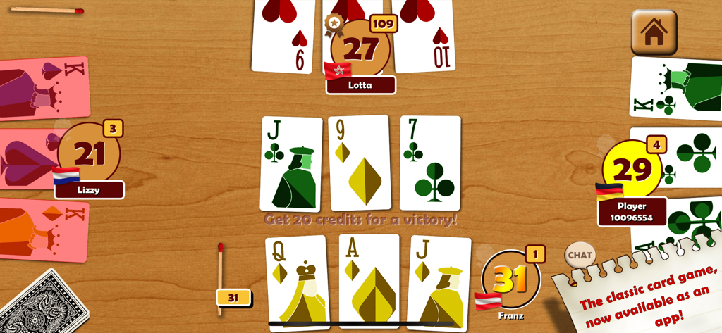 Thirty One | 31 | Scat | Blitz - Gameplay of the Thirty One card game showing multiple players around a wooden table with digital cards and matchsticks.