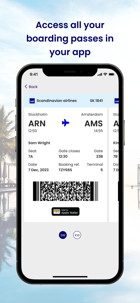 Flightnetwork - Flightnetworkアプリ内のスカンジナビア航空のフライトのデジタル搭乗券を表示するモバイル画面
