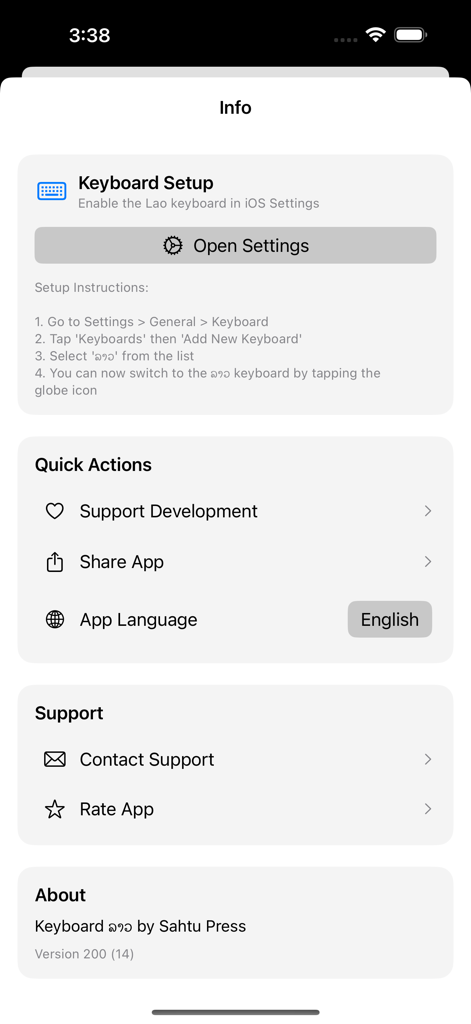 Keyboard Lao - Keyboard Lao app info screen with setup instructions and support options
