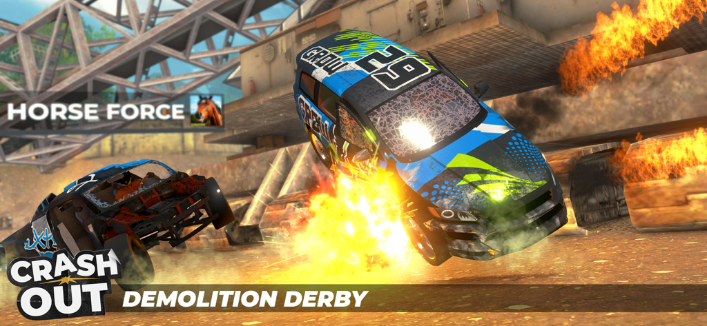 Demolition Derby - CrashOut - High impact car collision with fire and sparks in Demolition Derby CrashOut