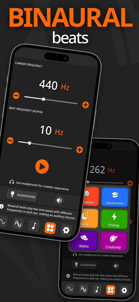 Frequency Sound Wave Generator - Interface of the Frequency Sound Wave Generator app showing binaural beats settings with frequency sliders and mood presets like relaxation and concentration.