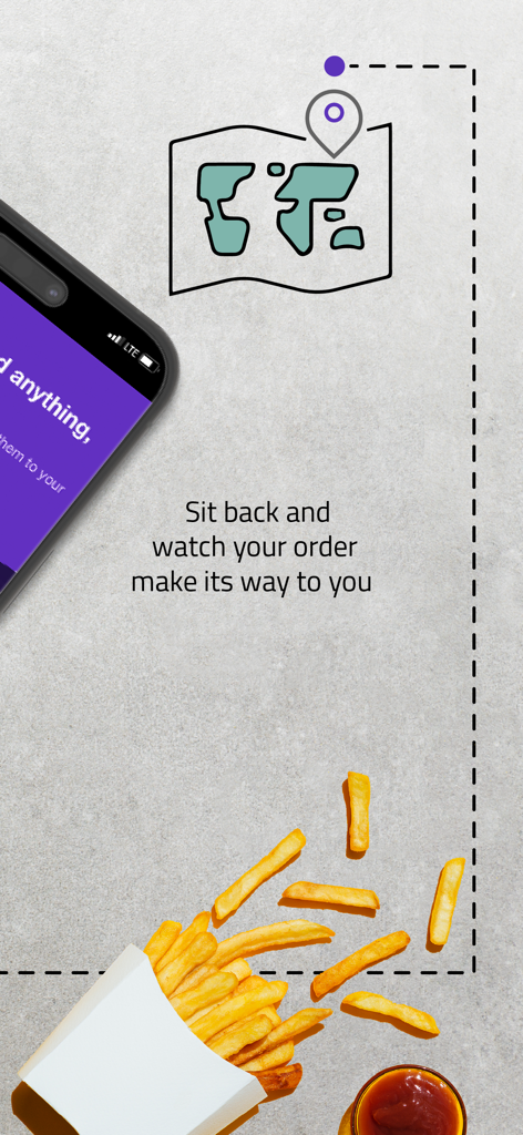 Oreem Delivery - اوريم للتوصيل - Oreem Delivery app screen with order tracking message and french fries