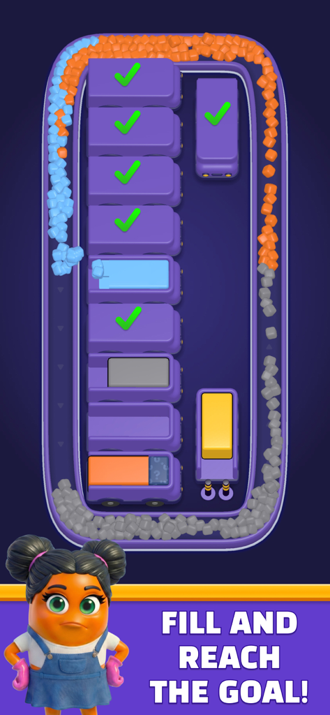 Loop Sort - A mobile game screen showing colored cubes on a circular conveyor belt being sorted into matching purple trucks.