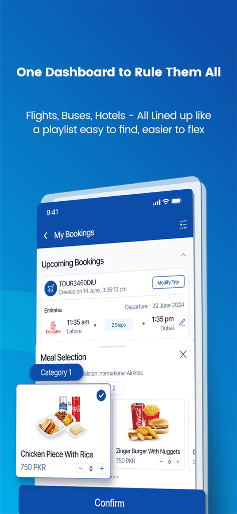 Bookme app dashboard showing an upcoming flight booking and meal selection options for travelers.