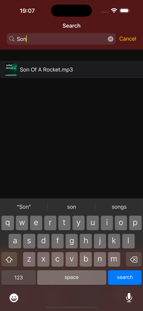 Search screen of the iMP3 app showing a search result for an mp3 music file