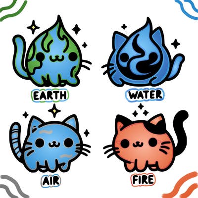 4 cats that represent the different elements, earth, water, air, and fire