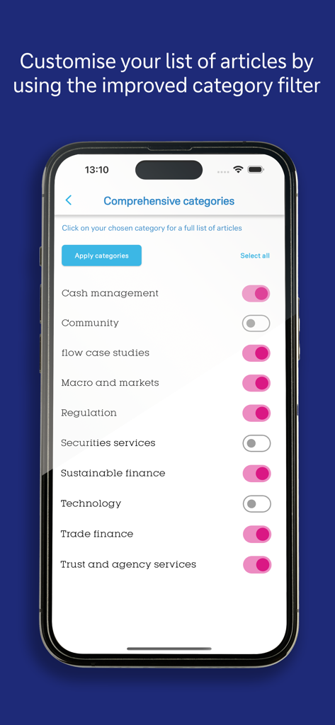 Interface showing the article category filter in the flow app by Deutsche Bank for personalizing financial insights.