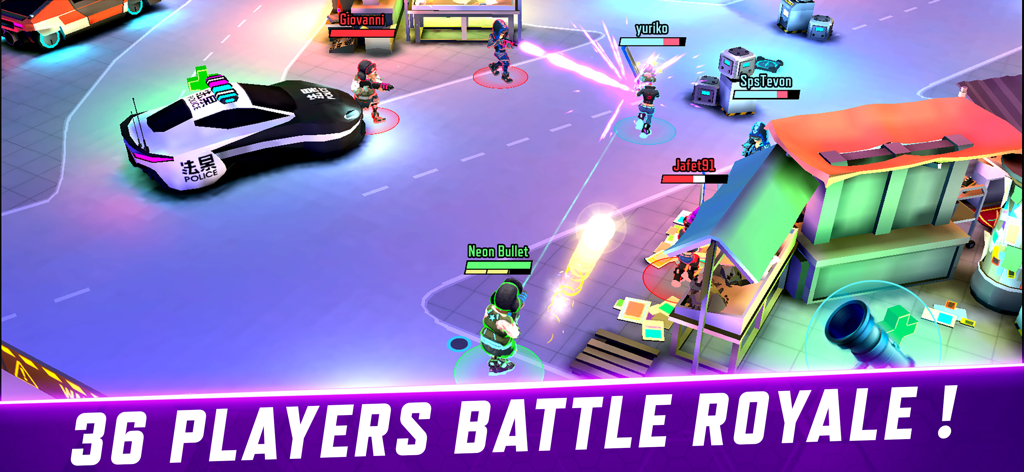 Gridpunk - PvP Battle Arena - Top-down cyberpunk shooter gameplay showing a 36 player battle royale match in Gridpunk