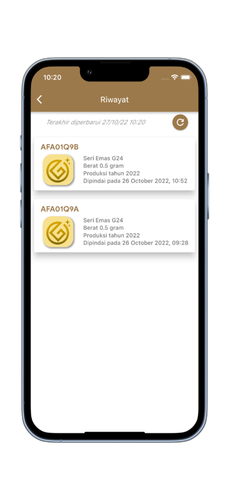 Gold Galeri24 - History screen of the Gold Galeri24 app showing a list of verified gold bars with weight and production details