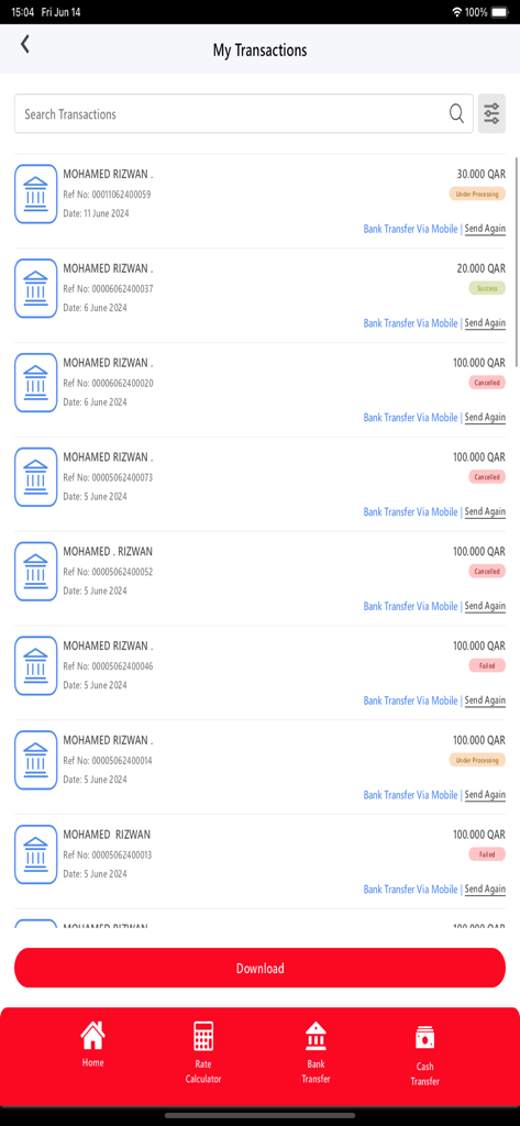 Al Jazeera Exchange - Qatar - Liste des Transaktionsverlaufs in der Al Jazeera Exchange Katar App mit aktuellen Statusmeldungen zu Geldtransfers