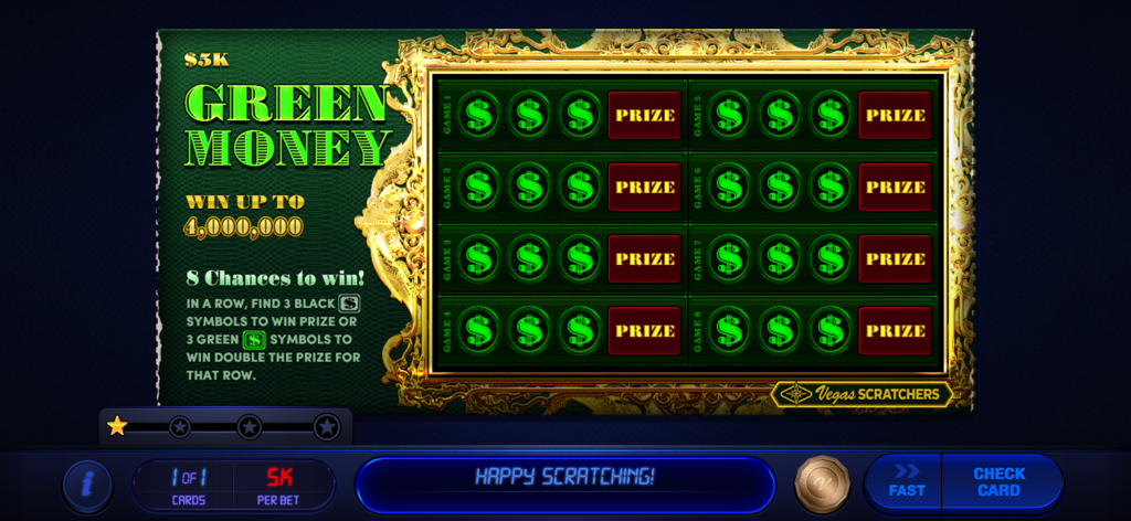 Vegas Lottery Scratchers - Captura de pantalla del juego de Vegas Lottery Scratchers que muestra un boleto de rasca y gana "Green Money" con ocho filas de premios.
