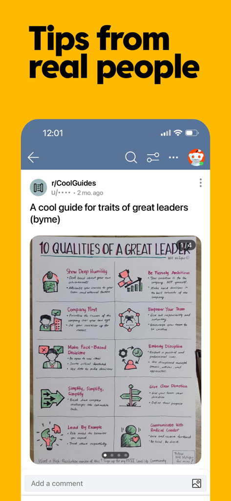 Reddit app screenshot showing a leadership guide infographic from the CoolGuides community.