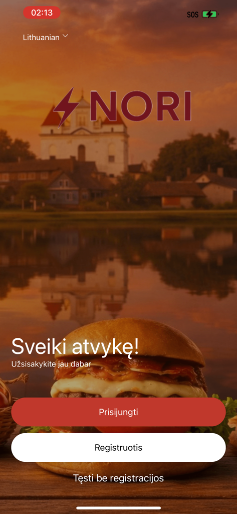 Pantalla de bienvenida de la aplicación NORI Delivery con botones de inicio de sesión y registro sobre un fondo de paisaje de hamburguesa y panorámico.