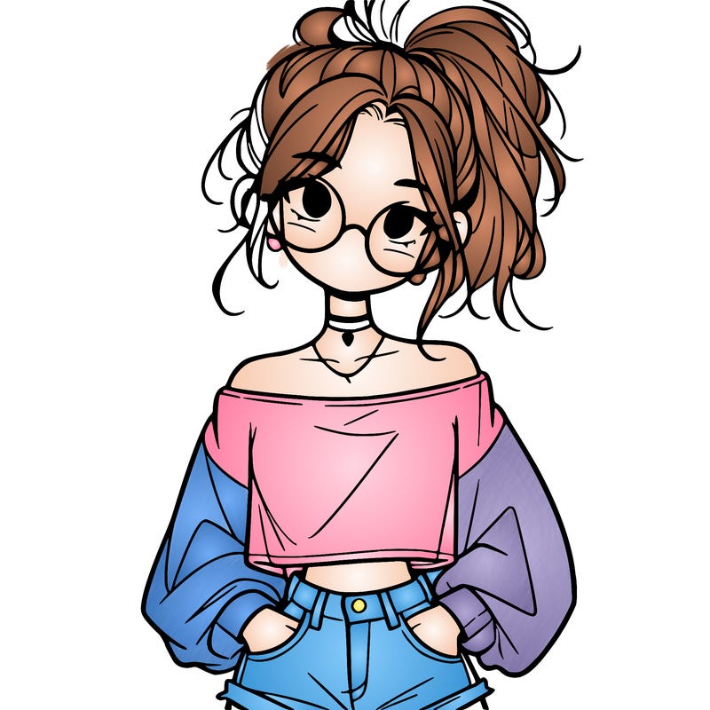 girl with a messy ponytail glasses a baggy crop top and jean shorts
