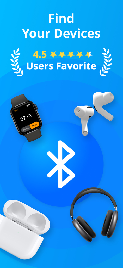 Find Air app display showing Bluetooth tracking for AirPods and smartwatches.