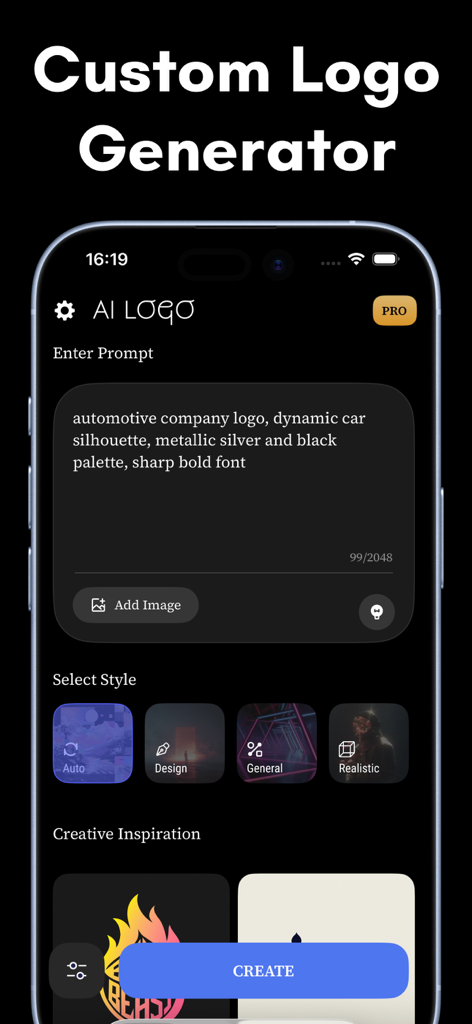 AI Logo Design - Brand Maker - Interfaccia di un'app mobile per generare un logo personalizzato utilizzando prompt di testo AI e selezione dello stile.