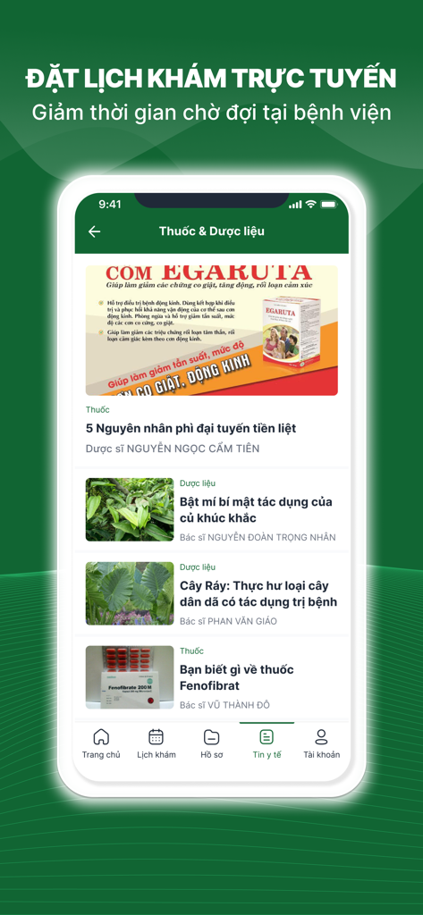BV Lê Văn Thịnh - Mobile screen of the BV Le Van Thinh hospital app showing a list of medical news articles and information about medicines and herbs in Vietnamese