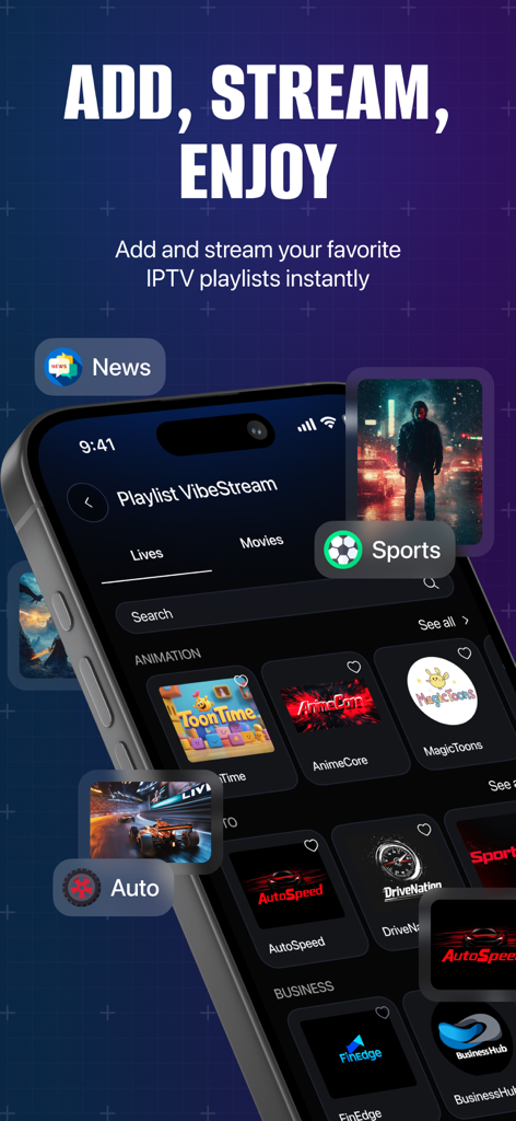 Smarters IPTV Player Pro - Schermata dell'app Smarters IPTV Player Pro che mostra le categorie di contenuti per lo streaming di film e sport