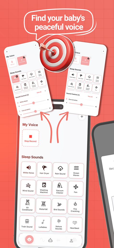 Baby Routine! - Baby Tracker - Interfaz de la aplicación Baby Routine mostrando la biblioteca de sonidos de sueño y la función de grabación de voz personalizada para calmar bebés