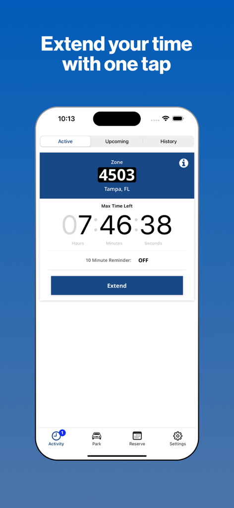 Screenshot of the 717 Parking app showing an active parking session in Tampa Florida with an option to extend time.