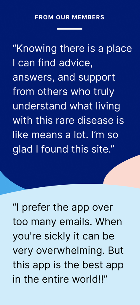 Member testimonials from the Inspire health community praising the app for rare disease support and medical advice.