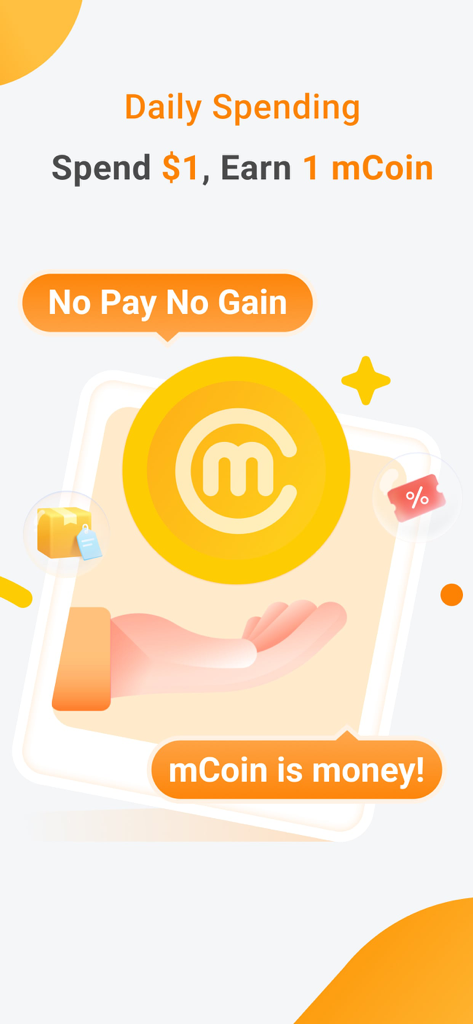 MPay app promotion for mCoin rewards showing spend one dollar and earn one mCoin