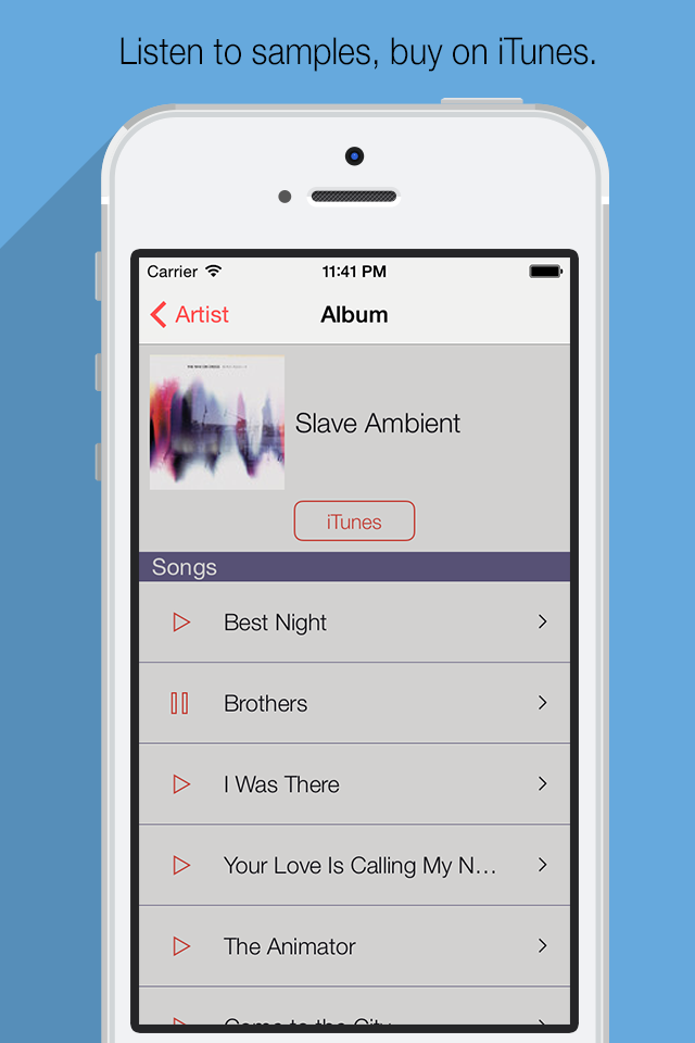 My Music - Your list of favorite artists, and bands. - Pantalla del álbum de la aplicación Mi Música con lista de canciones y botón de compra de iTunes