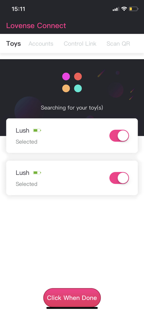 Interface de l'application Lovense Connect montrant deux appareils Lush connectés avec l'état de la batterie et des sélecteurs