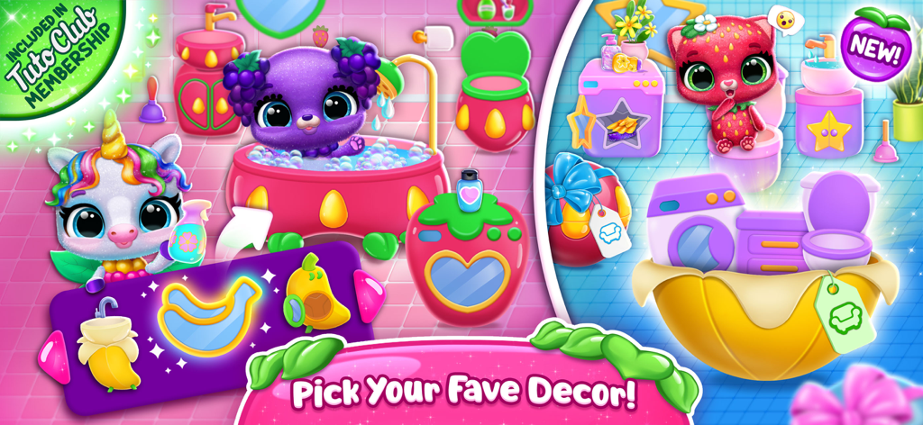 Fruitsies - Pet Friends - Two fruit-themed pets in a colorful bathroom with customizable fruit-shaped furniture and accessories.