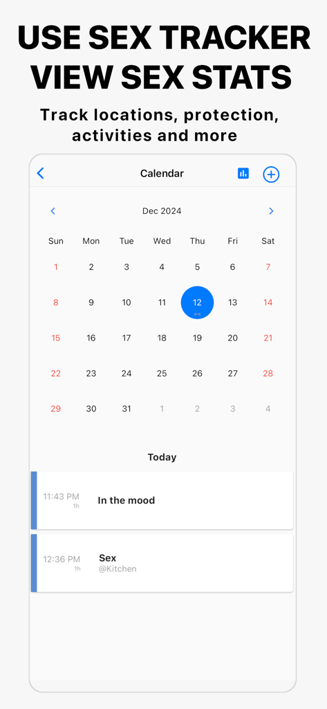 Spicer - Sex Ideas For Couples - Una captura de pantalla de la aplicación Spicer mostrando un calendario de actividad sexual y registros diarios de intimidad.