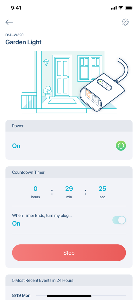 mydlink - Interfaccia dell'app mydlink che mostra i controlli di alimentazione e un timer di conto alla rovescia per una presa intelligente per luci da giardino.