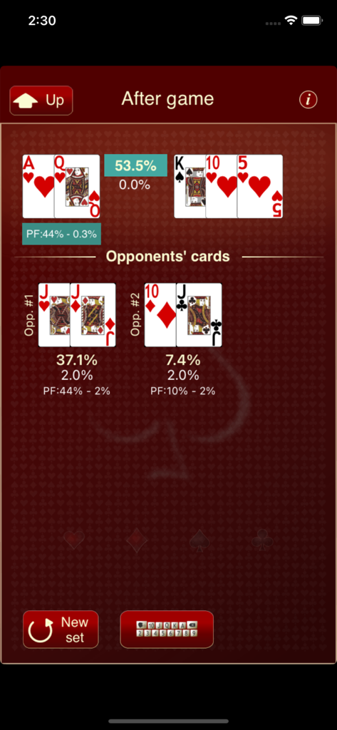 The Poker Calculator - Post game poker hand analysis showing win percentages for the player and two opponents