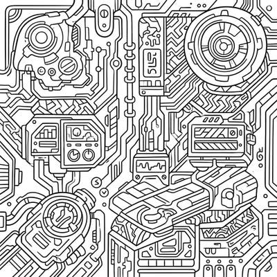 Explore the wonders of advanced alien technology with this intricately designed coloring page perfect for teens. Immerse yourself in a complex world of circuits, futuristic panels, and enigmatic symbols, ready for your artistic touch.