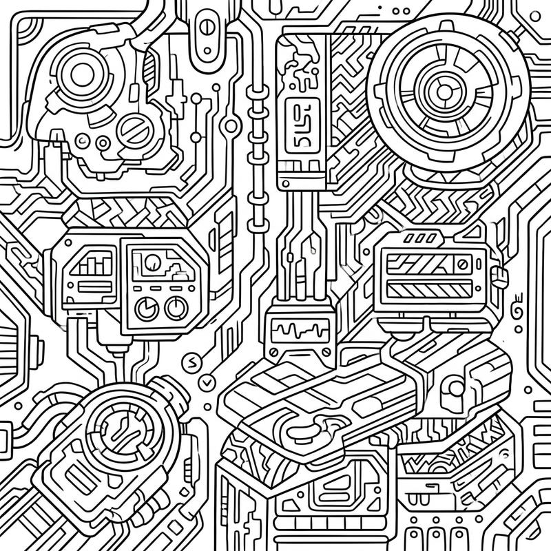 Explore the wonders of advanced alien technology with this intricately designed coloring page perfect for teens. Immerse yourself in a complex world of circuits, futuristic panels, and enigmatic symbols, ready for your artistic touch.